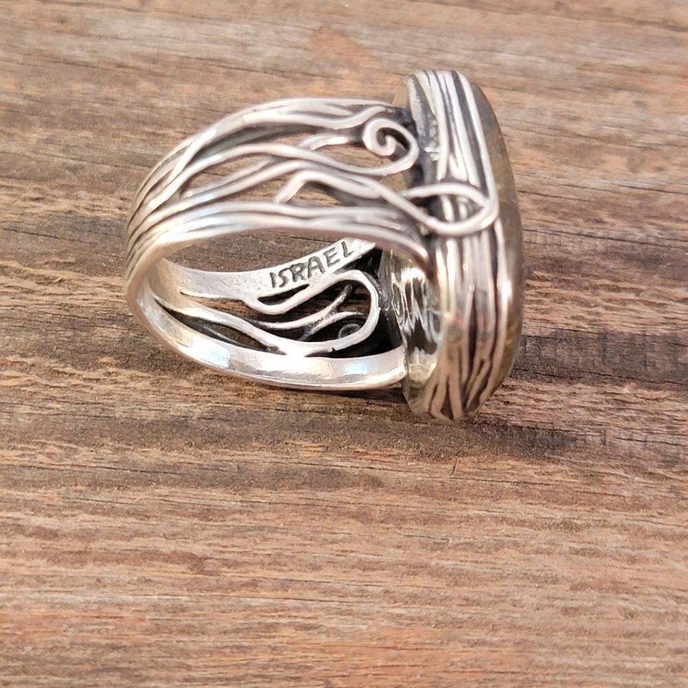 Sterling Paz Israel Labradorite Rextangle Bezel Set Organic Swirl Statement Ring - Picture 8 of 14